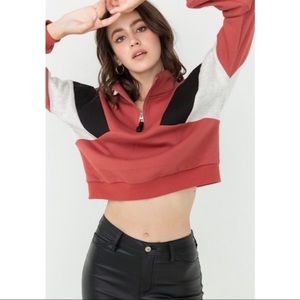 High neck half zip color block cropped sweater